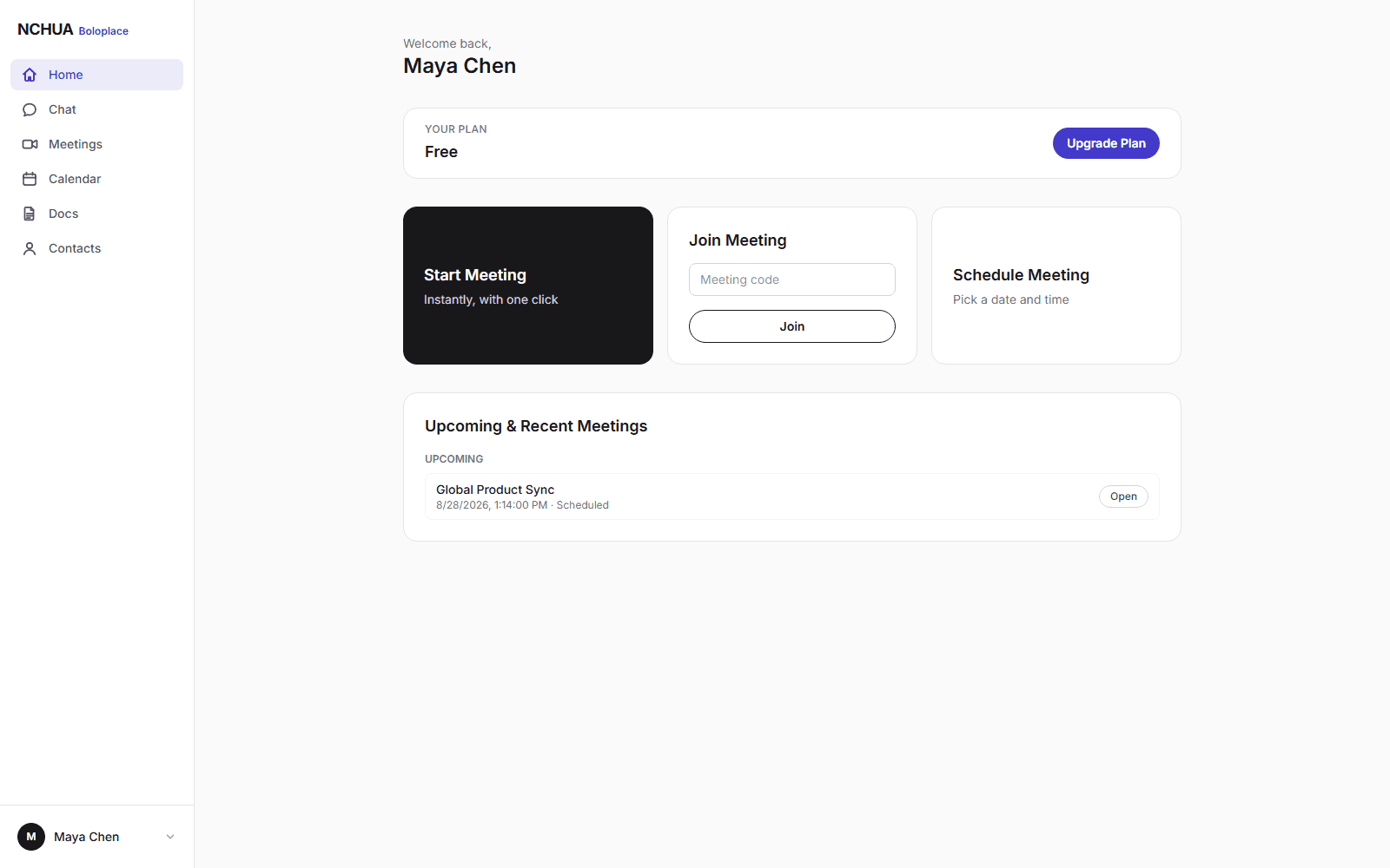 The NCHUA dashboard, showing Start Meeting, Join Meeting, and Schedule Meeting alongside a list of upcoming meetings